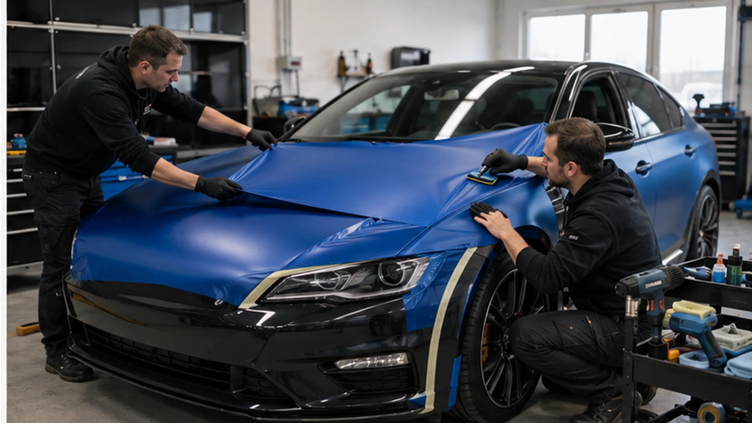 Blaue Folie wird auf einer Motorhaube verarbeitet
